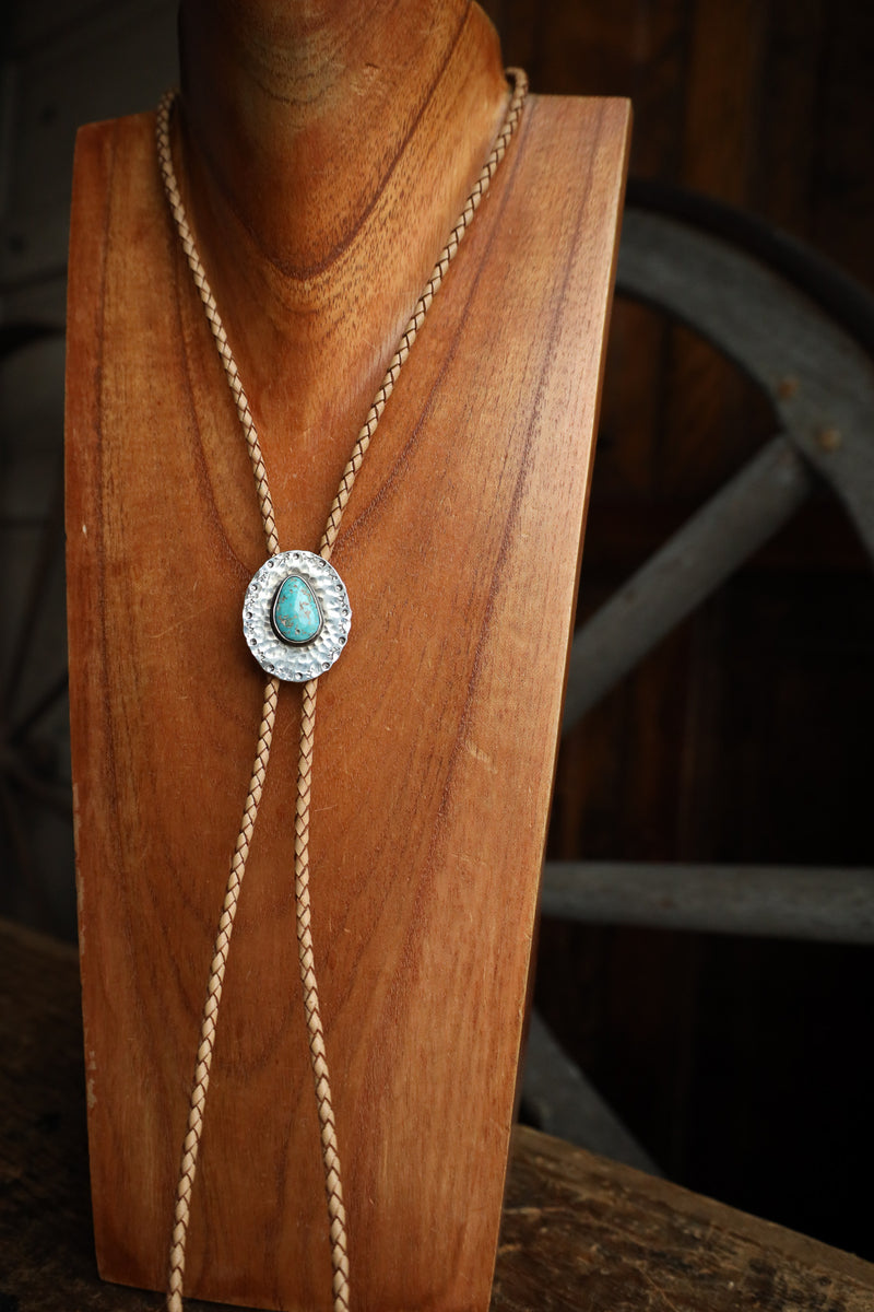 Richard Schmidt Turquoise Pear Sterling Silver Oval Tan Leather Bolo