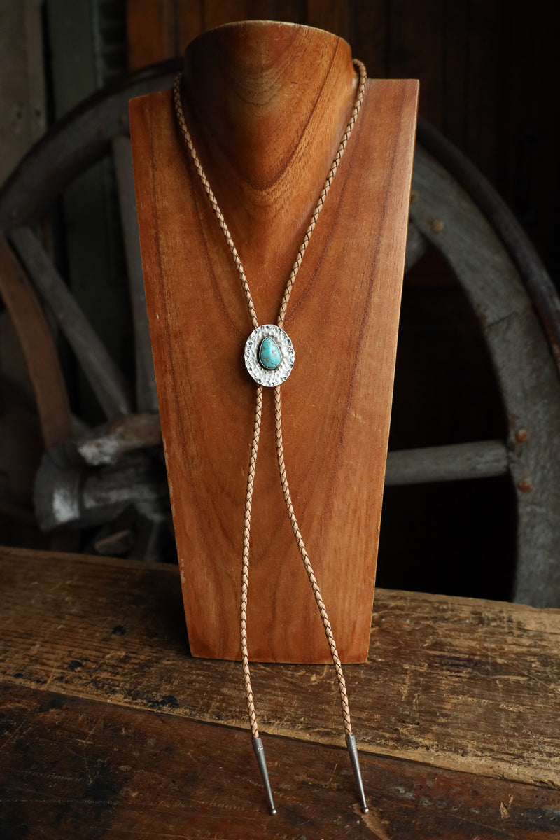 Richard Schmidt Turquoise Pear Sterling Silver Oval Tan Leather Bolo