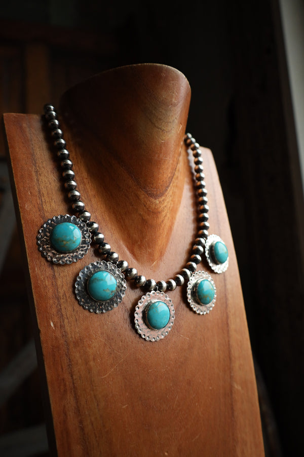Richard Schmidt 5 Large Turquoise Rounds On Discs Navajo Pearls Necklace