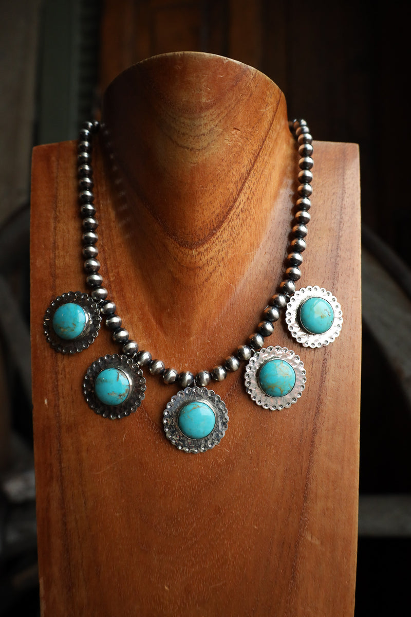 Richard Schmidt 5 Large Turquoise Rounds On Discs Navajo Pearls Necklace