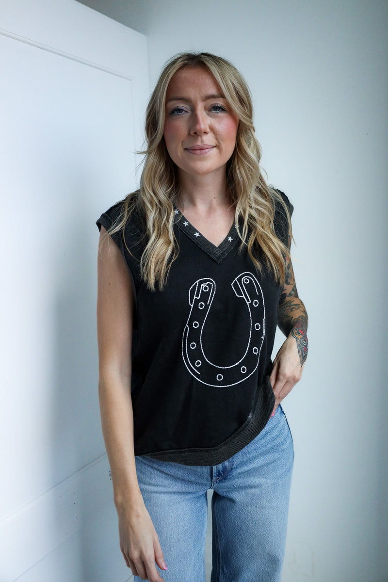 Eesome Embroidered Horseshoe Sleeveless Top