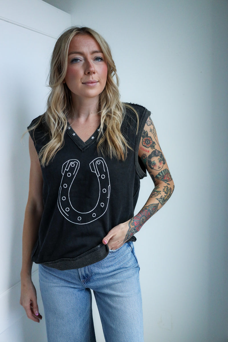 Eesome Embroidered Horseshoe Sleeveless Top