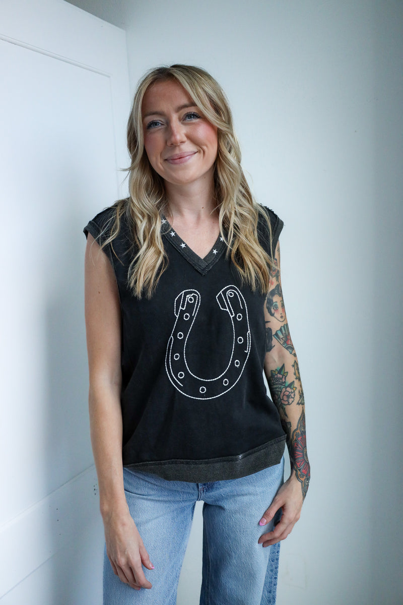 Eesome Embroidered Horseshoe Sleeveless Top