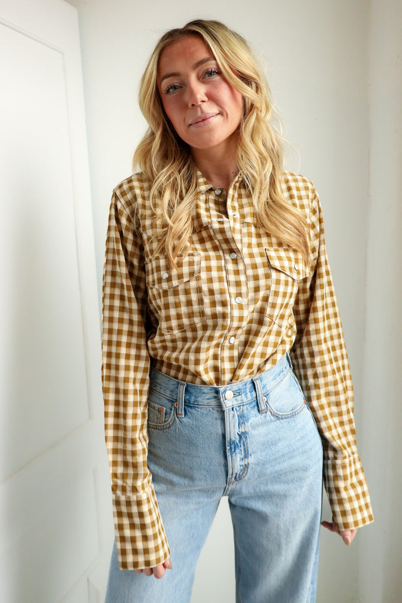 Howdy Hanny Brown Gingham Long Sleeve Cuff Snap Blouse  Maverick Fine  Western Wear