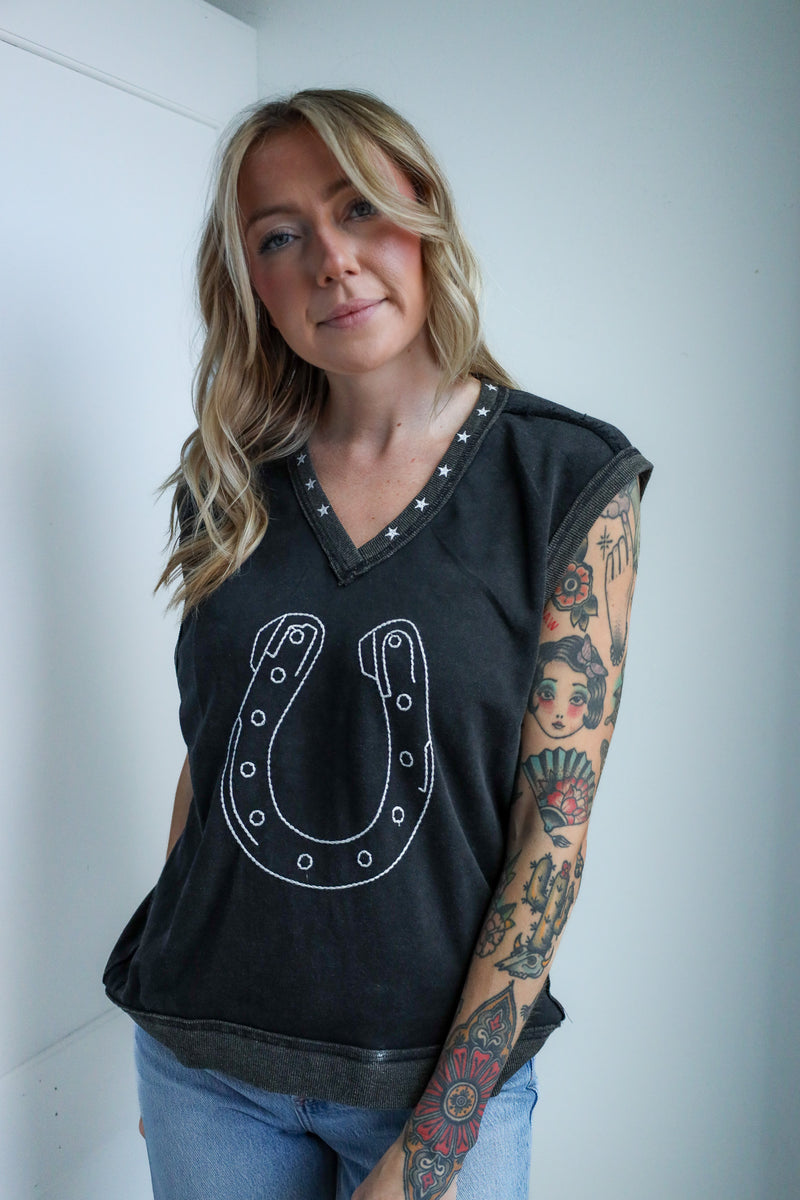 Eesome Embroidered Horseshoe Sleeveless Top