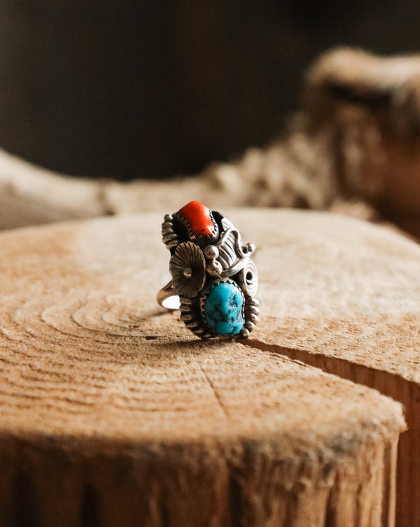 Turquoise and Red Coral Ornate Ring- Size 5