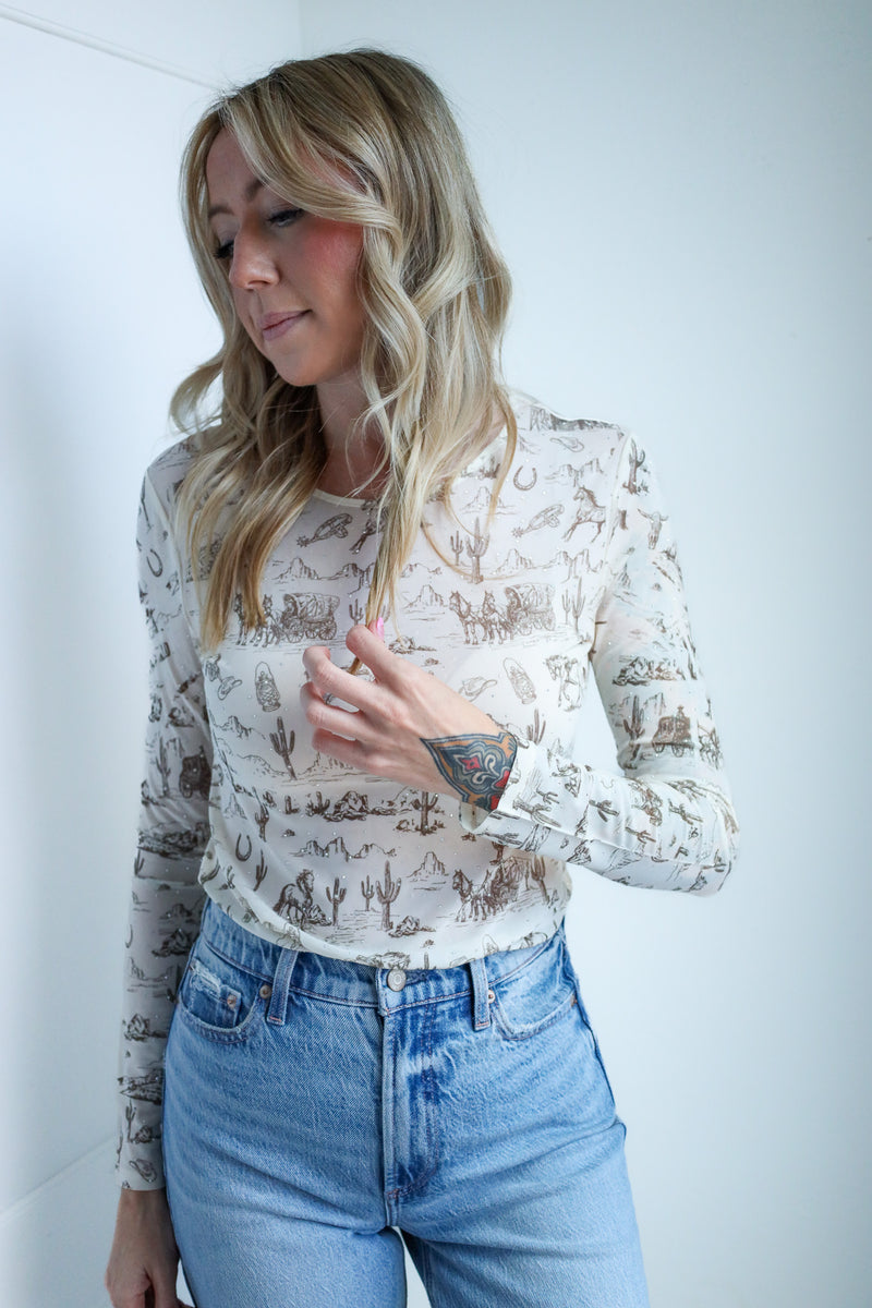 Origami Knit Mesh Long Sleeve Brown With Stones Top
