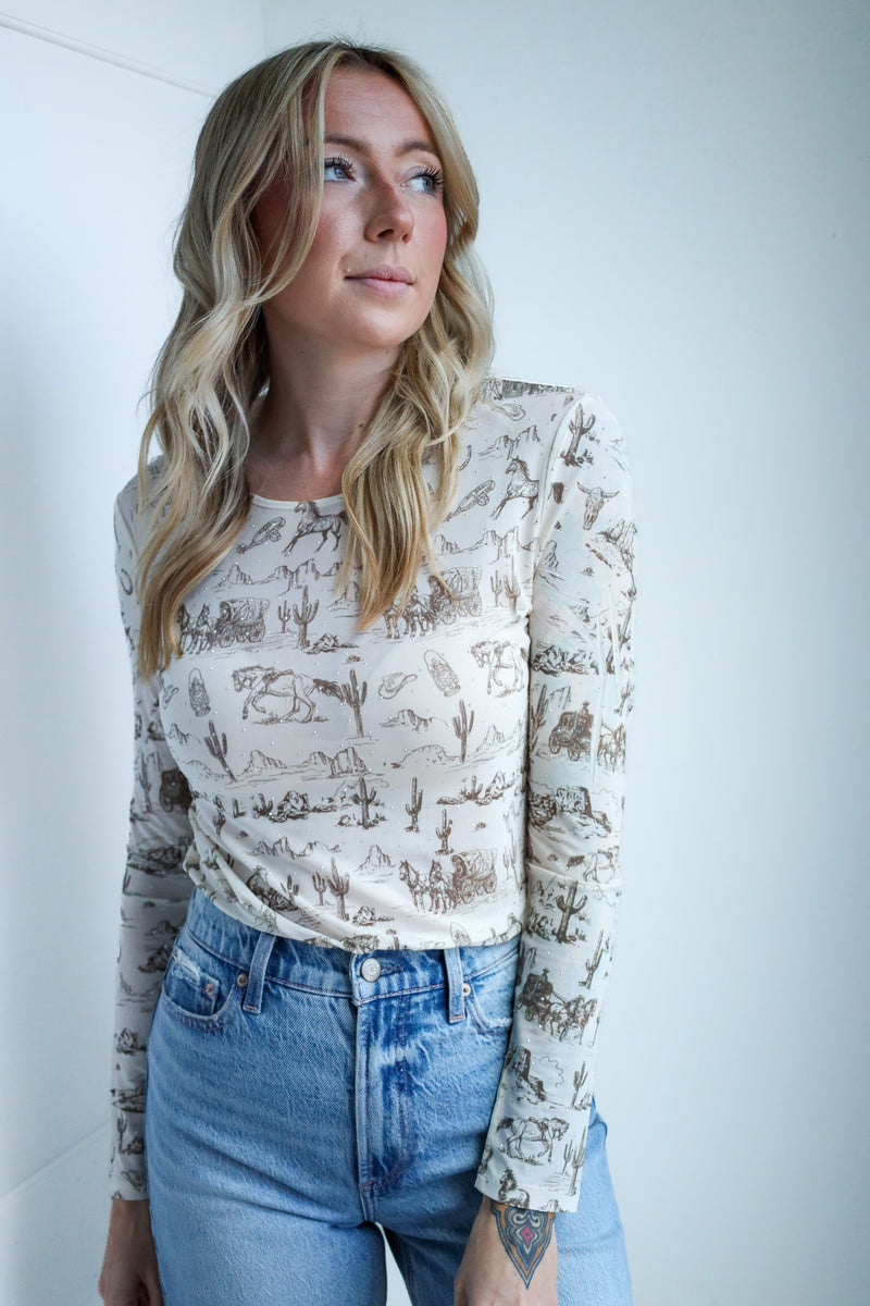 Origami Knit Mesh Long Sleeve Brown With Stones Top