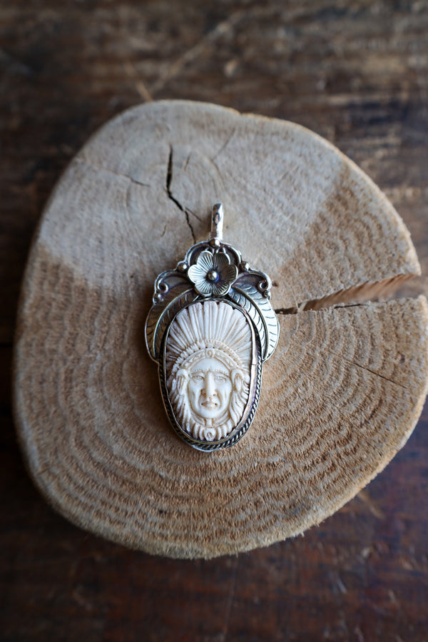 Coreen Cordova Native American With Silver Feathers Flower Pendant