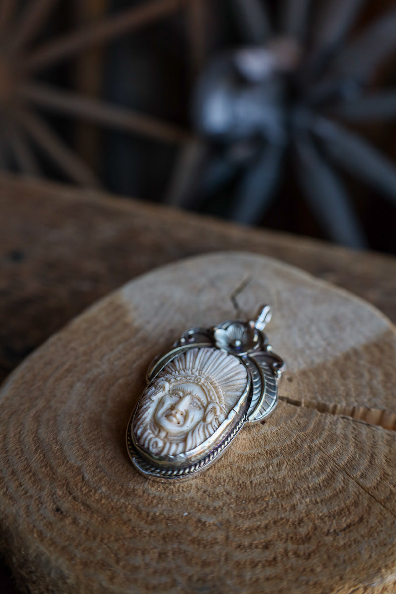 Coreen Cordova Native American With Silver Feathers Flower Pendant