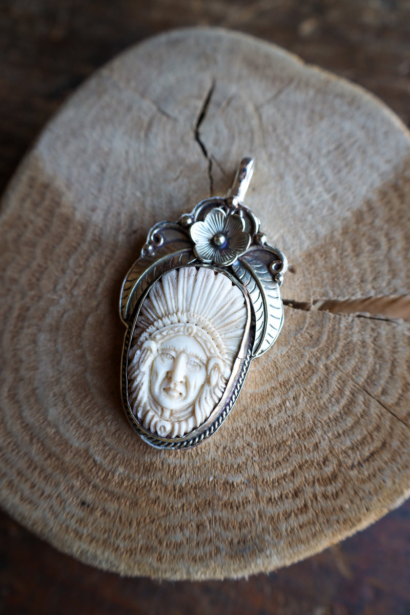 Coreen Cordova Native American With Silver Feathers Flower Pendant