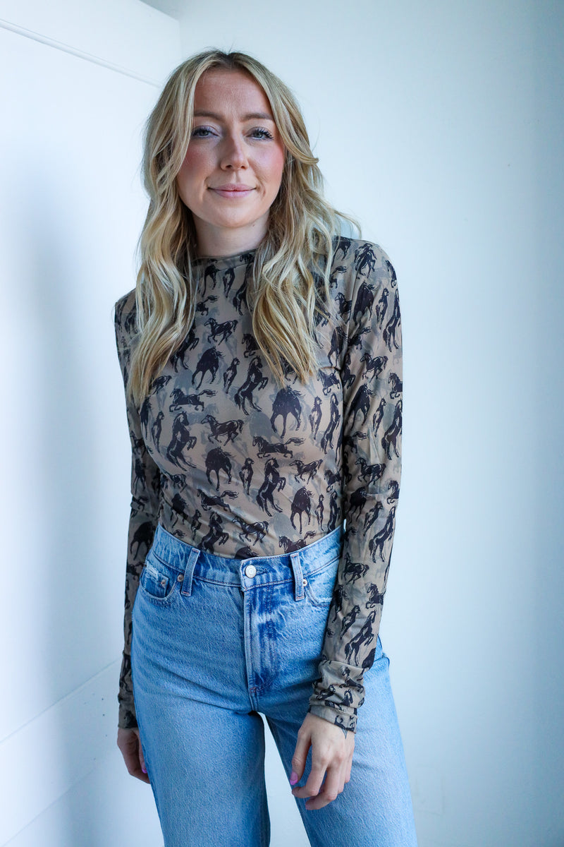 Eesome Mesh Western Horse Graphic Top