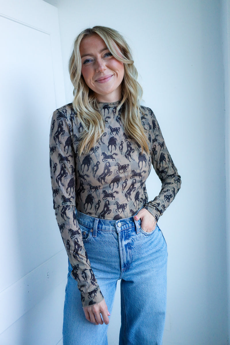 Eesome Mesh Western Horse Graphic Top