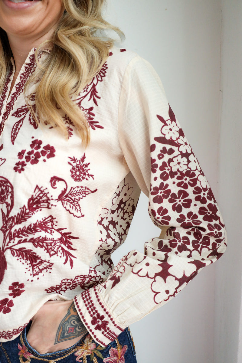 Close-up of a person wearing a cream blouse with red floral patterns on a plain background