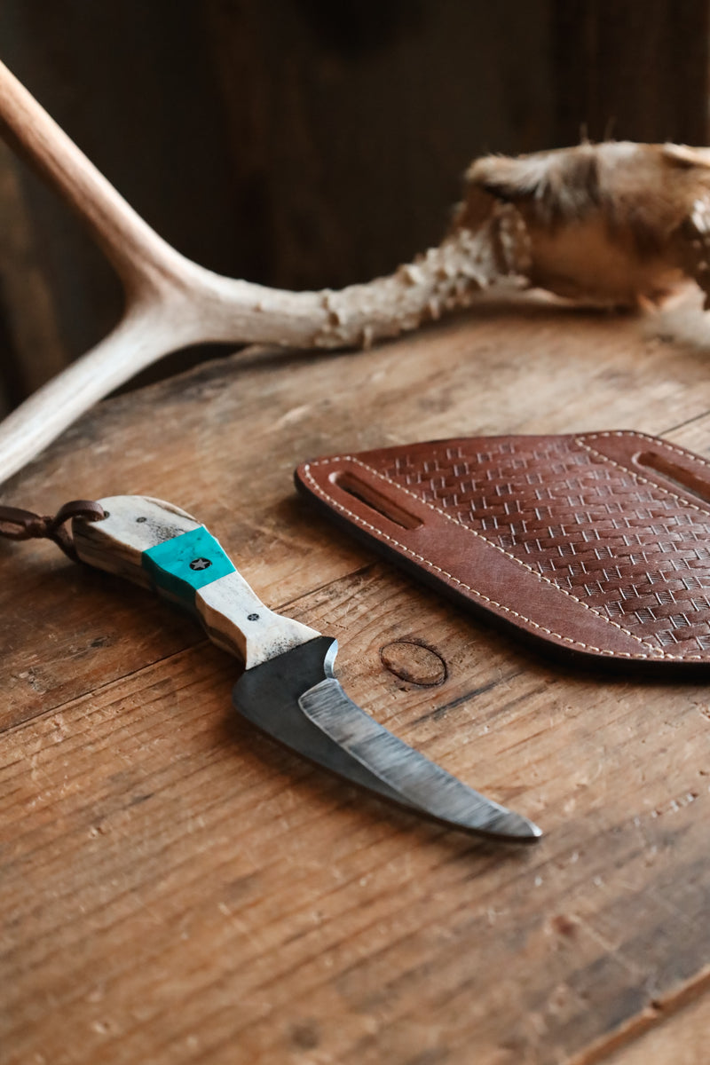 EXOTIC TEXAS KNIVES ELK HORN CUT-N-UP Turquoise Knife 