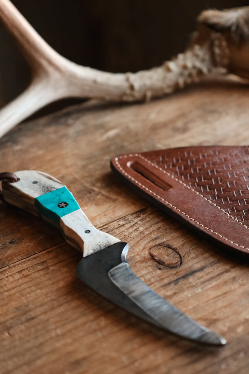 EXOTIC TEXAS KNIVES ELK HORN CUT-N-UP Turquoise Knife 