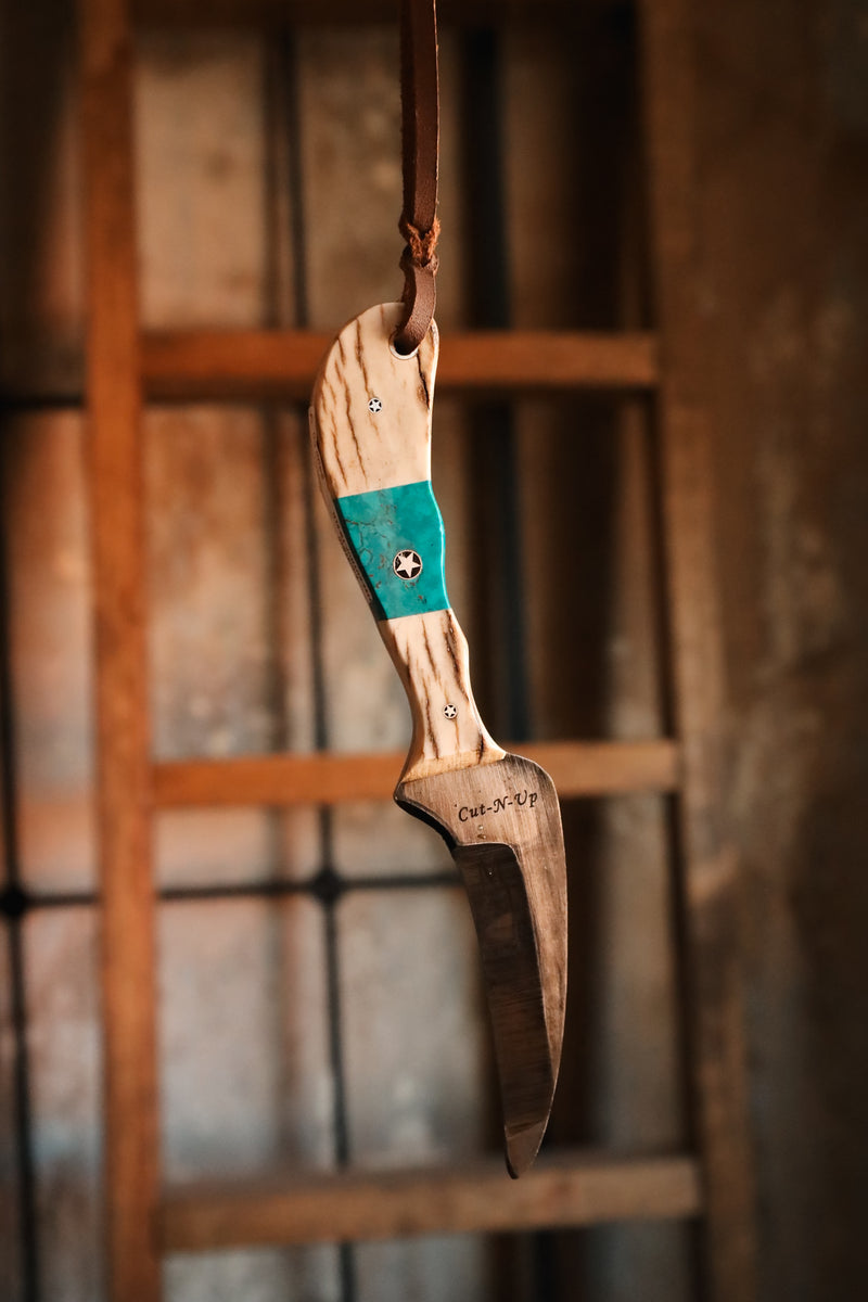 EXOTIC TEXAS KNIVES ELK HORN CUT-N-UP Turquoise Knife 