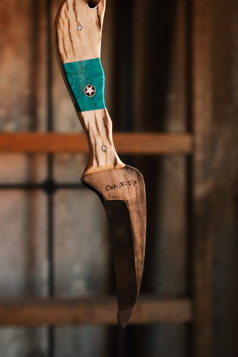 EXOTIC TEXAS KNIVES ELK HORN CUT-N-UP Turquoise Knife 