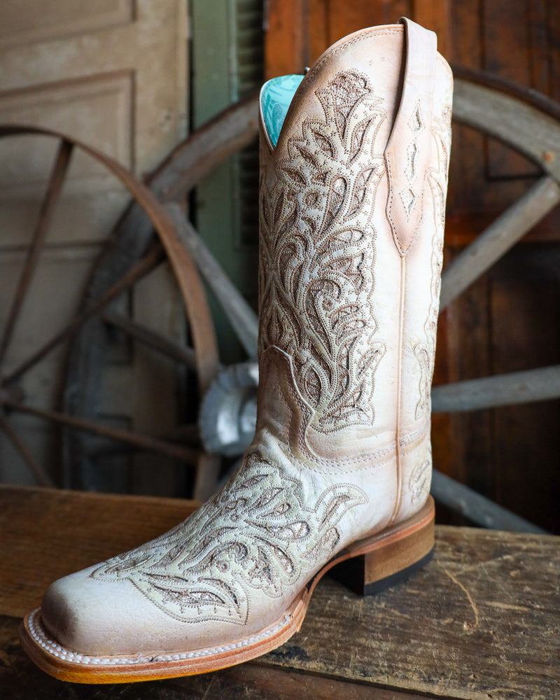 women's white leather dress boots Corral Glitter Inlay & Embroidery 11