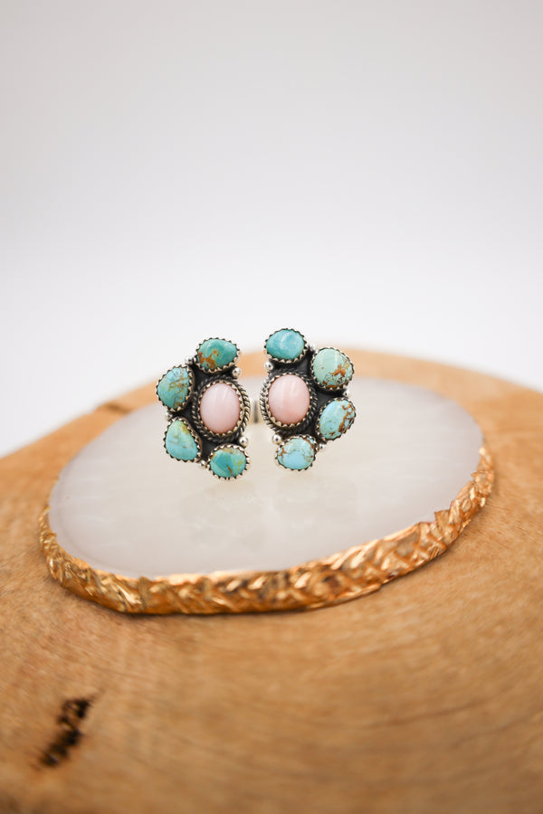 Pink Opals With Kingman Turquoise Ring- Size Adjustable