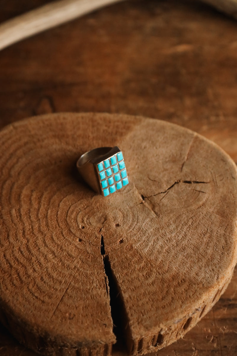 LIGHT BLUE TURQUOISE 16 RECTANGLES MEN'S RING- SIZE 11