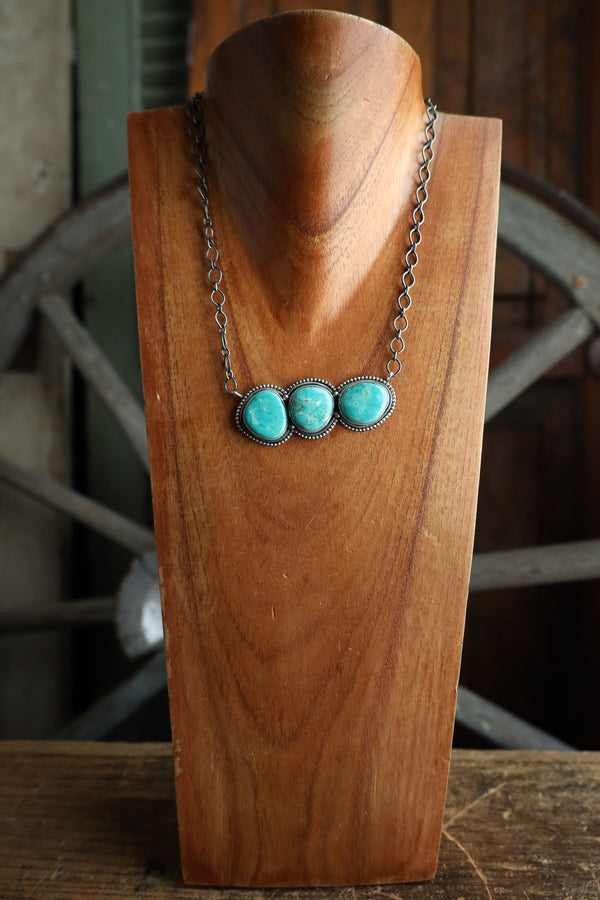 3 Large Turquoise Stone Pendant On Sterling Silver Chain Necklace