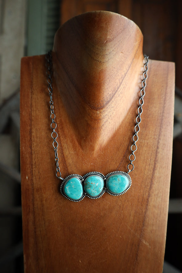 3 Large Turquoise Stone Pendant On Sterling Silver Chain Necklace