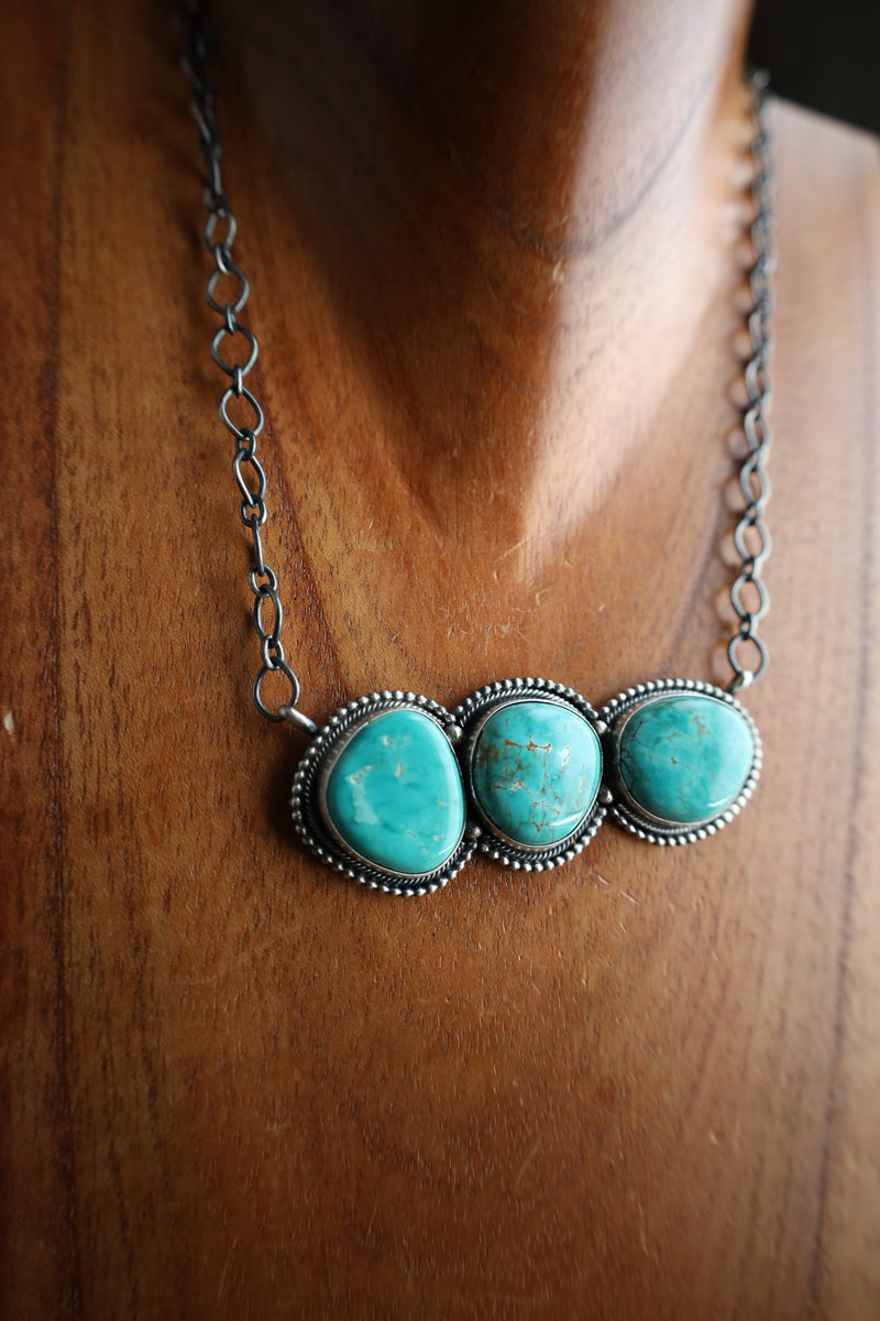 3 Large Turquoise Stone Pendant On Sterling Silver Chain Necklace