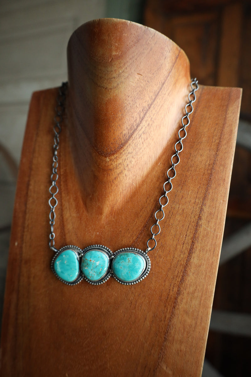 3 Large Turquoise Stone Pendant On Sterling Silver Chain Necklace