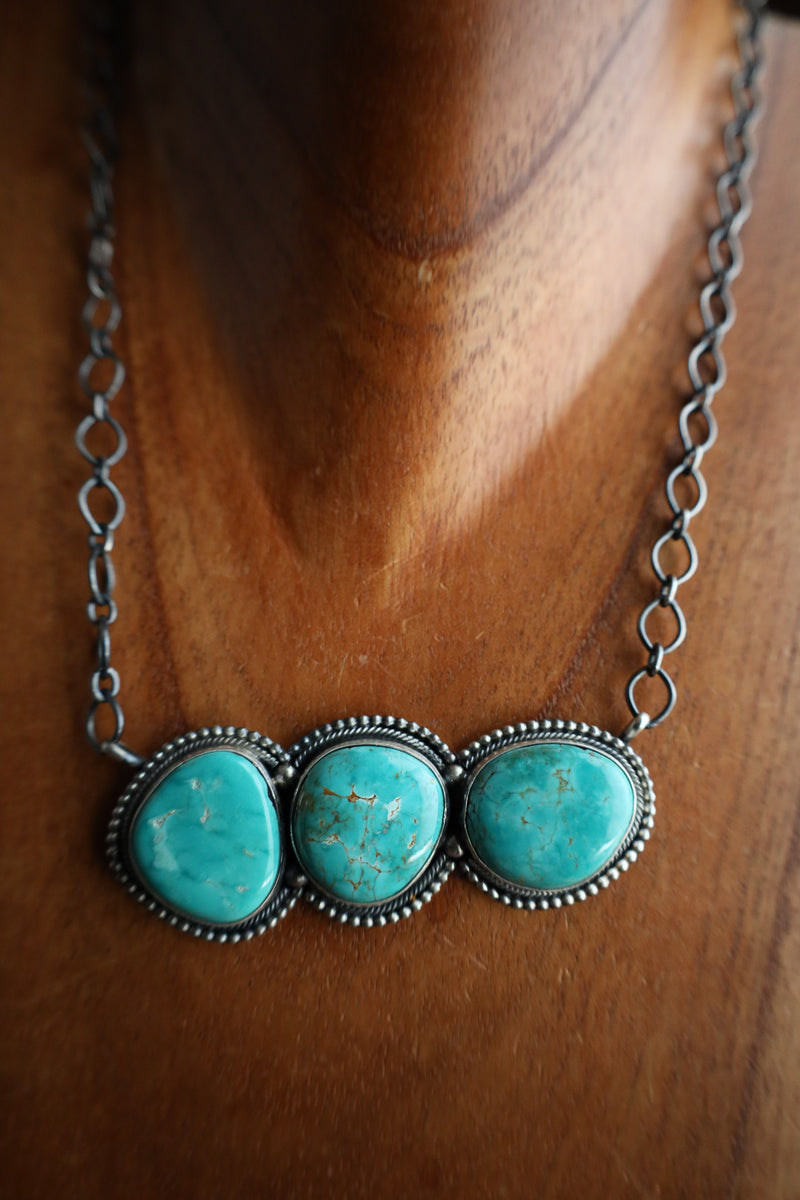 3 Large Turquoise Stone Pendant On Sterling Silver Chain Necklace