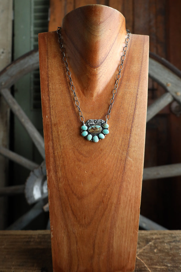 Green Turquoise Ovals & Sterling Silver Flower Leaf Necklace