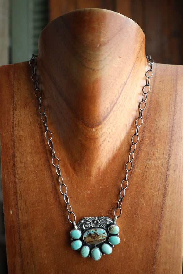Green Turquoise Ovals & Sterling Silver Flower Leaf Necklace