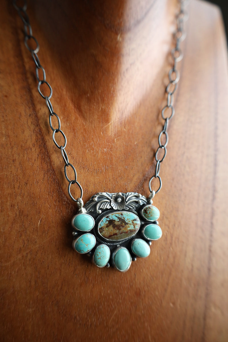 Green Turquoise Ovals & Sterling Silver Flower Leaf Necklace