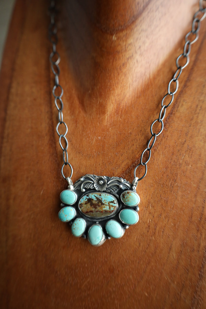Green Turquoise Ovals & Sterling Silver Flower Leaf Necklace