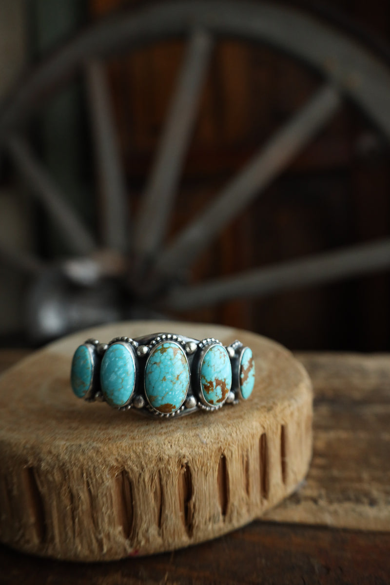 5 Graduated Turquoise Ovals Sterling Silver Dots Cuff