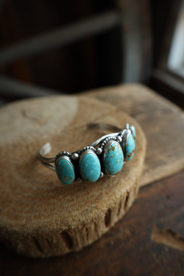5 Graduated Turquoise Ovals Sterling Silver Dots Cuff