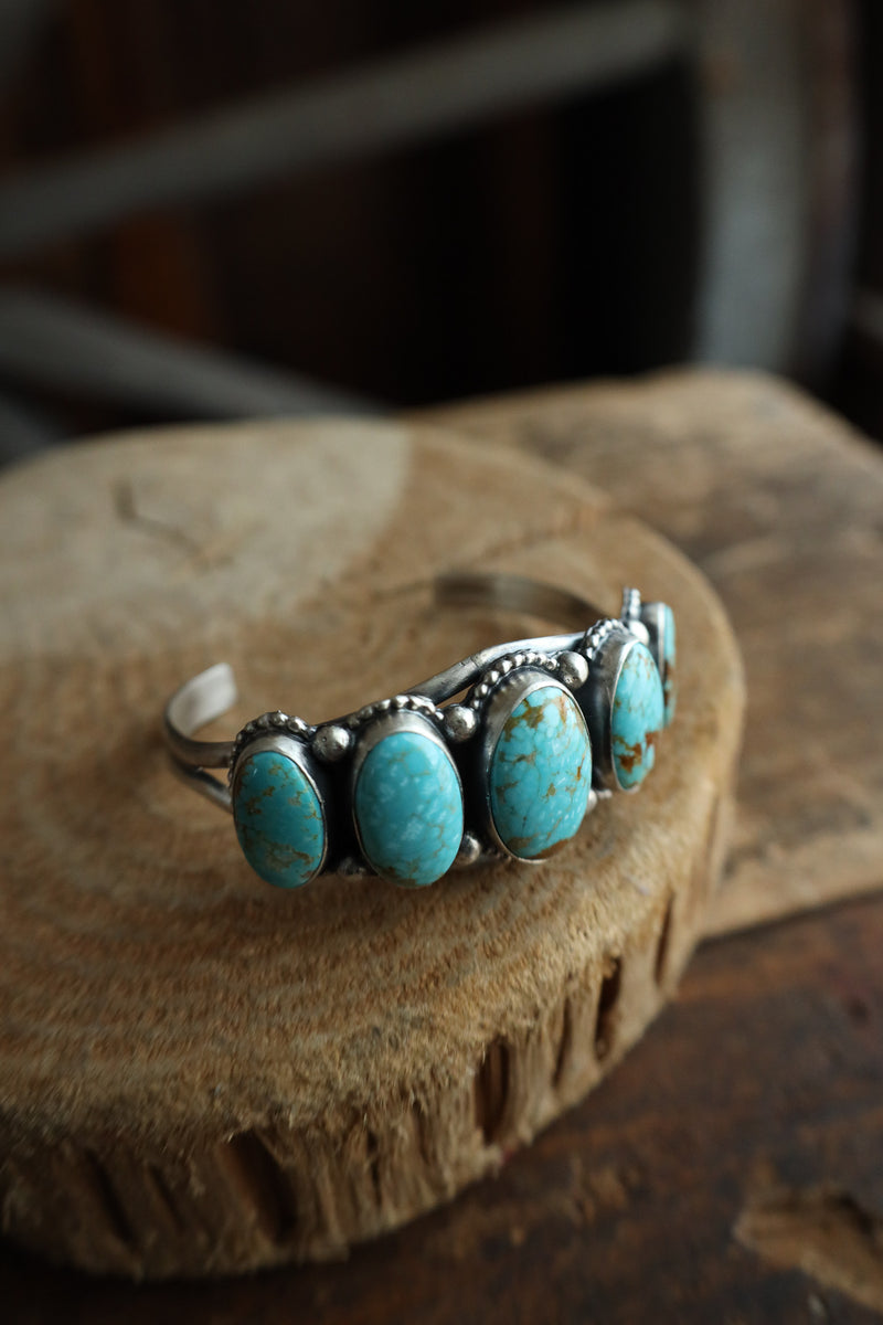 5 Graduated Turquoise Ovals Sterling Silver Dots Cuff