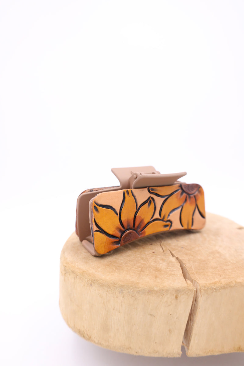 JRW LEATHER 2 SUNFLOWERS CLAW CLIP