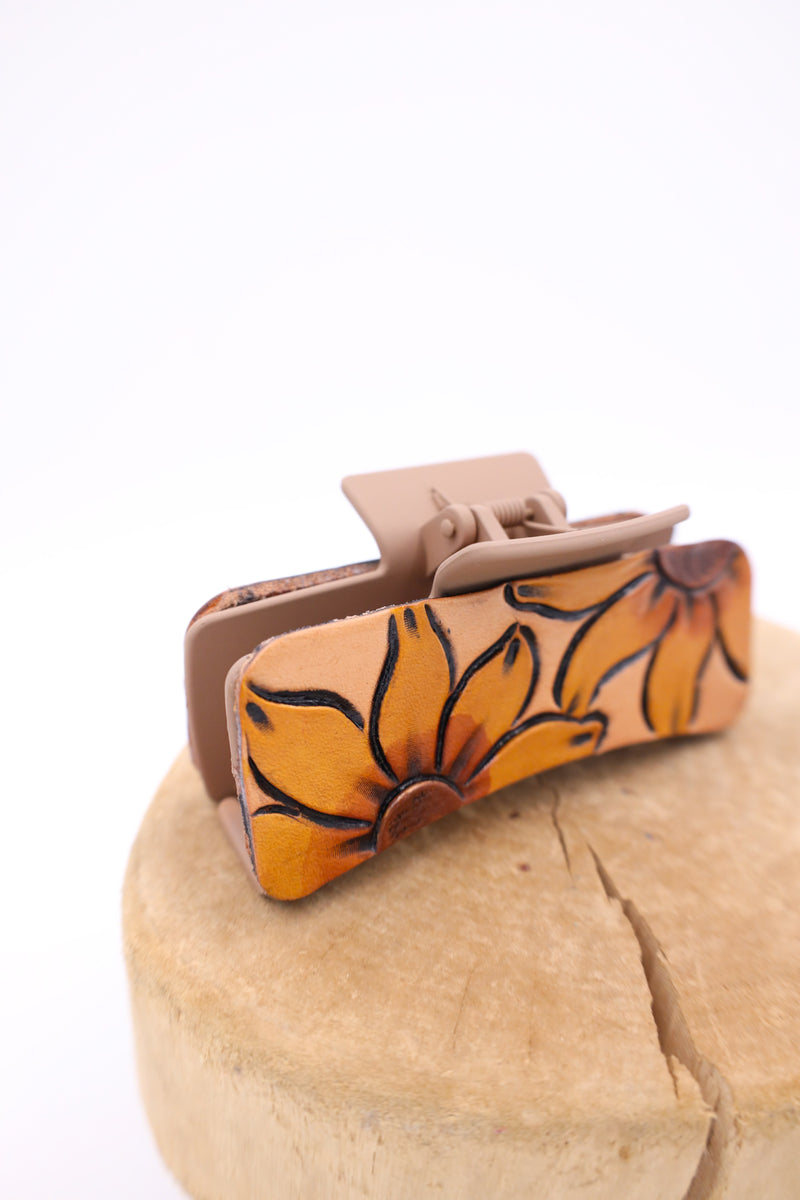 JRW LEATHER 2 SUNFLOWERS CLAW CLIP