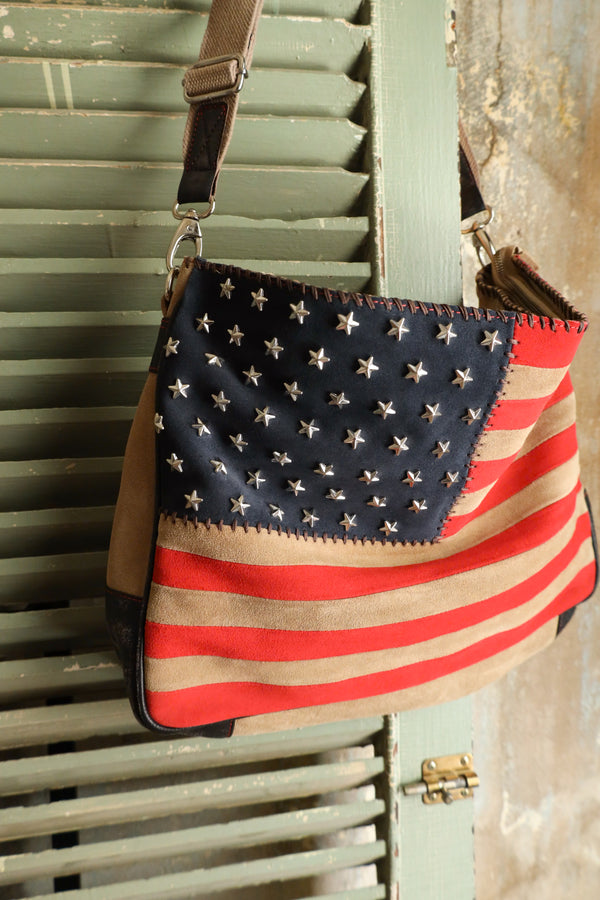 Suede Flag Handbag With Studded Stars And Leather Trim To Form An American Flag