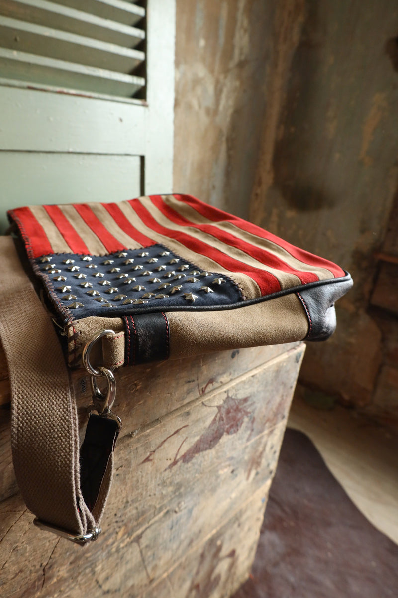Suede Flag Handbag With Studded Stars And Leather Trim To Form An American Flag