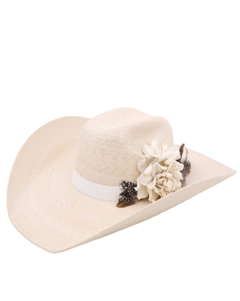 DONNA MARIE WHITE LEATHER ROSE WHITE BAND HAT
