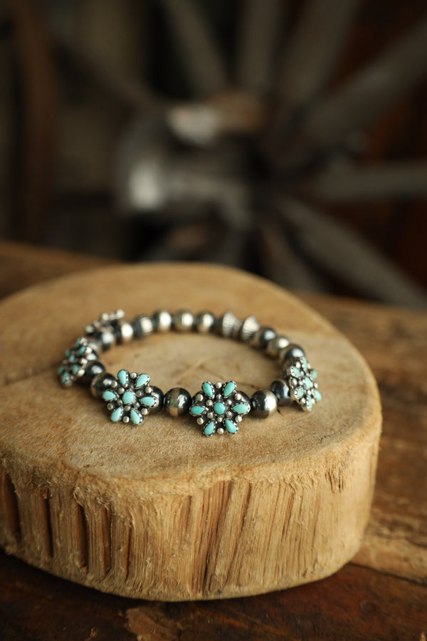 Peyote Bird Turquoise Flowers & Navajo Pearls Stretch Bracelet 