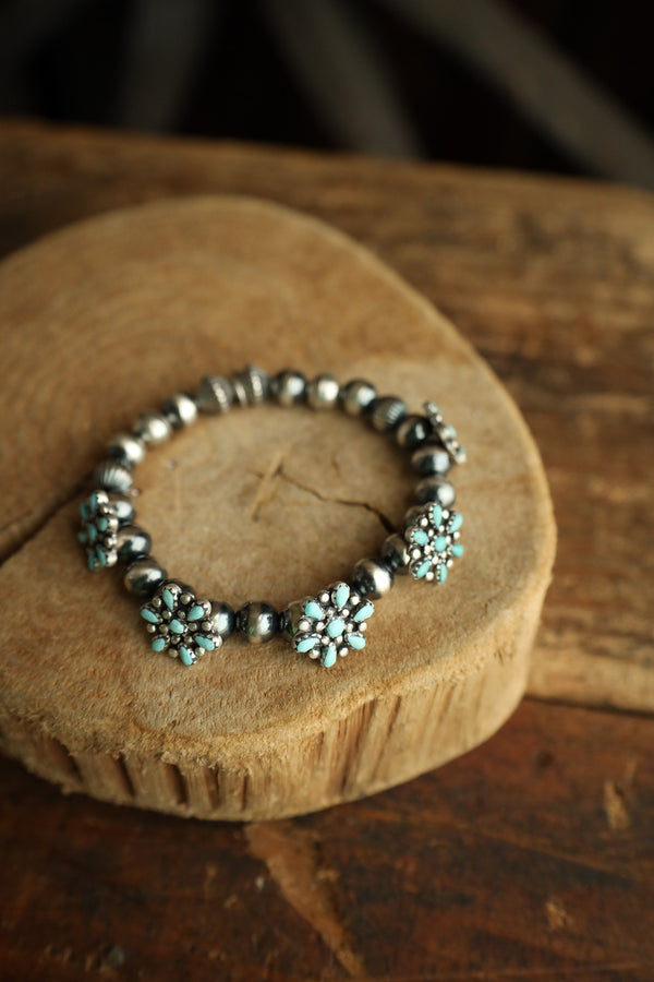 Peyote Bird Turquoise Flowers & Navajo Pearls Stretch Bracelet 