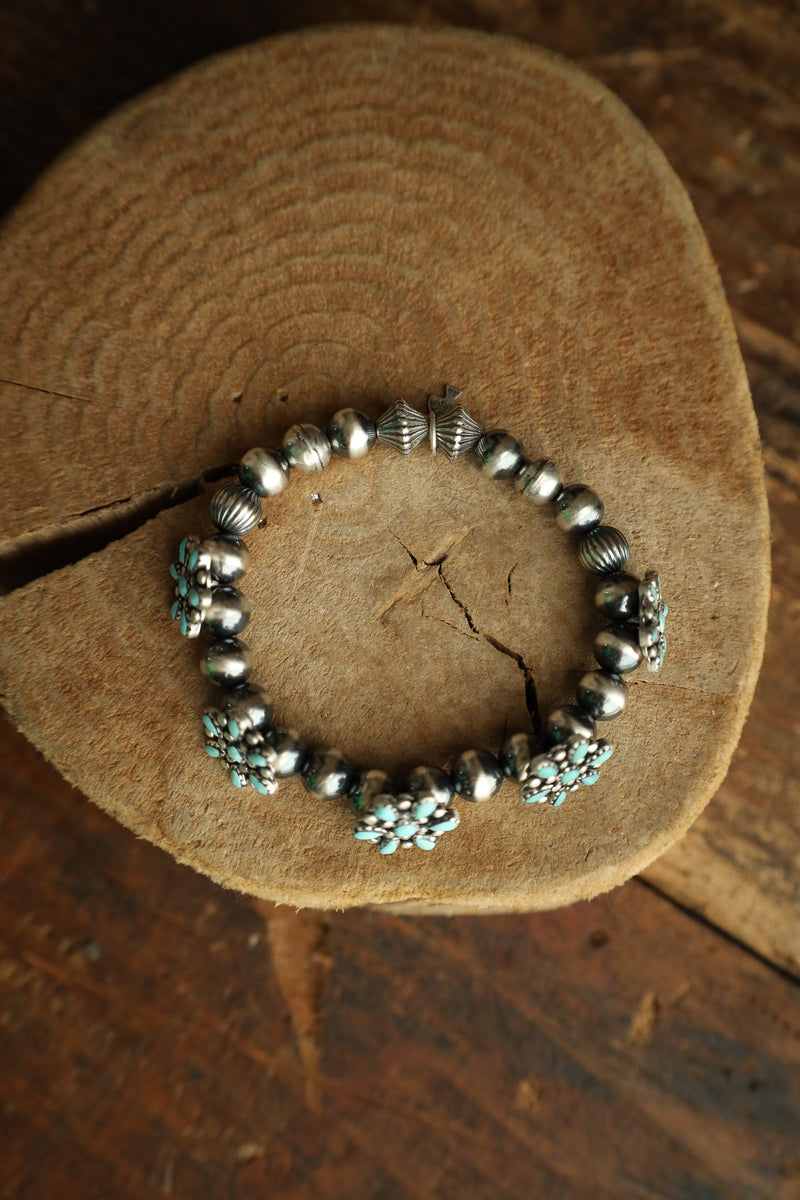 Peyote Bird Turquoise Flowers & Navajo Pearls Stretch Bracelet 