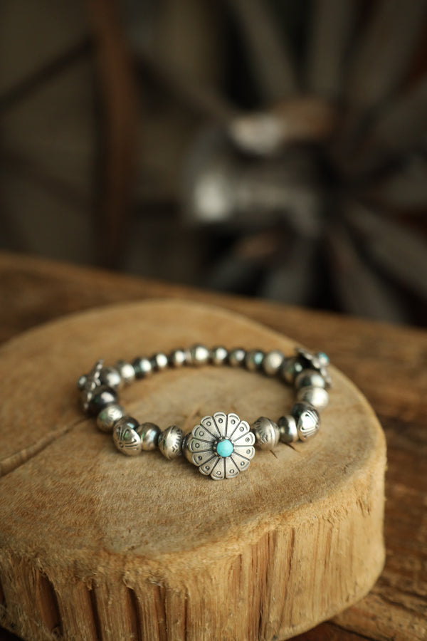 Peyote Bird Flower Conchos Turquoise Dots Navajo Pearls Bracelet 