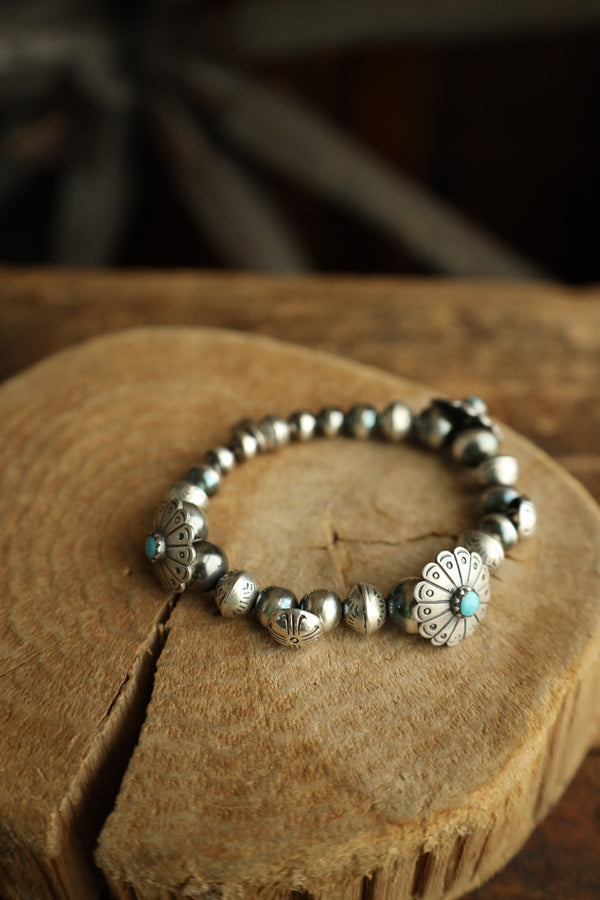 Peyote Bird Flower Conchos Turquoise Dots Navajo Pearls Bracelet 