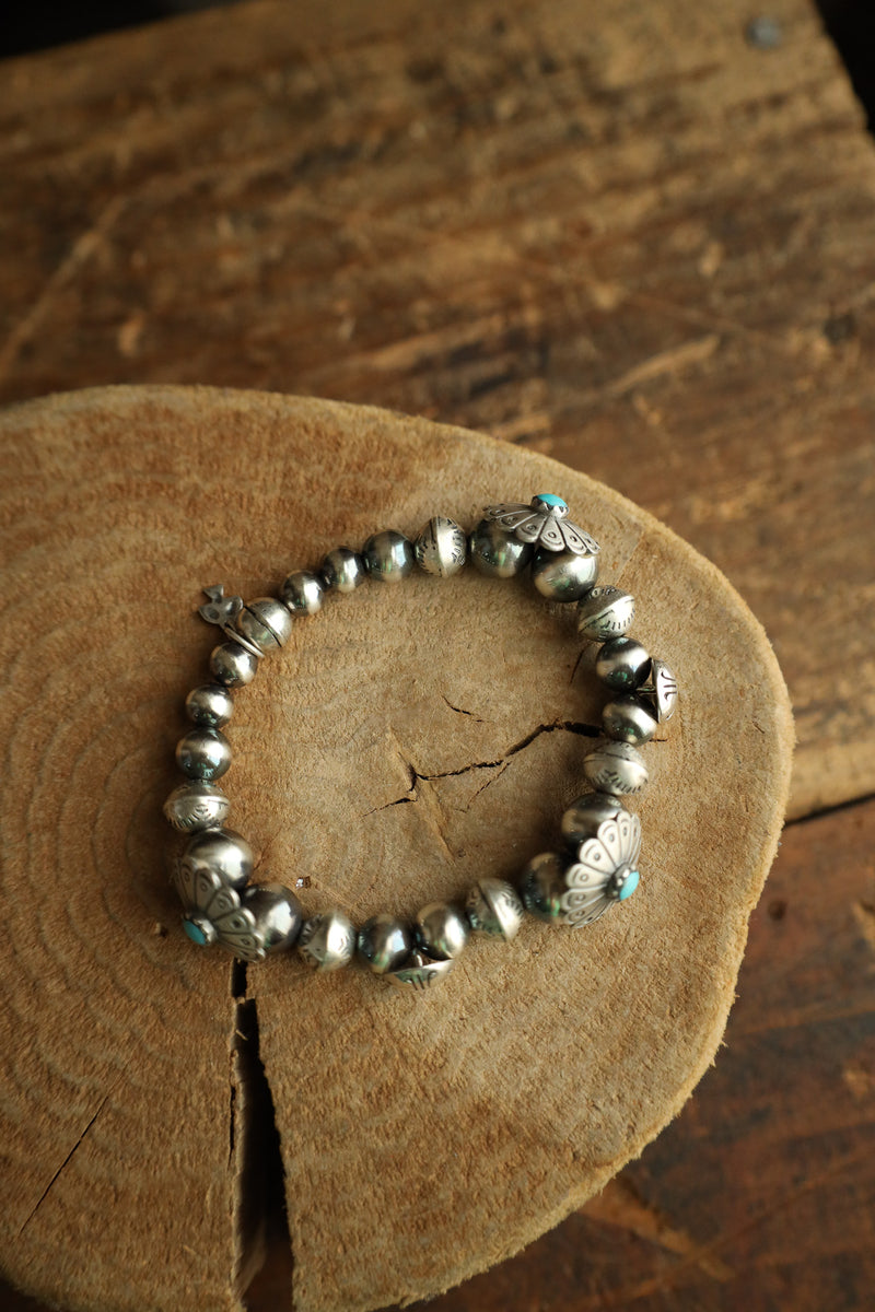 Peyote Bird Flower Conchos Turquoise Dots Navajo Pearls Bracelet 