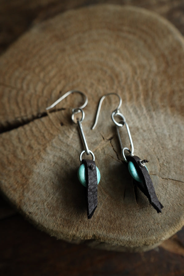Peyote Bird Turquoise Disk Leather & Links Earring