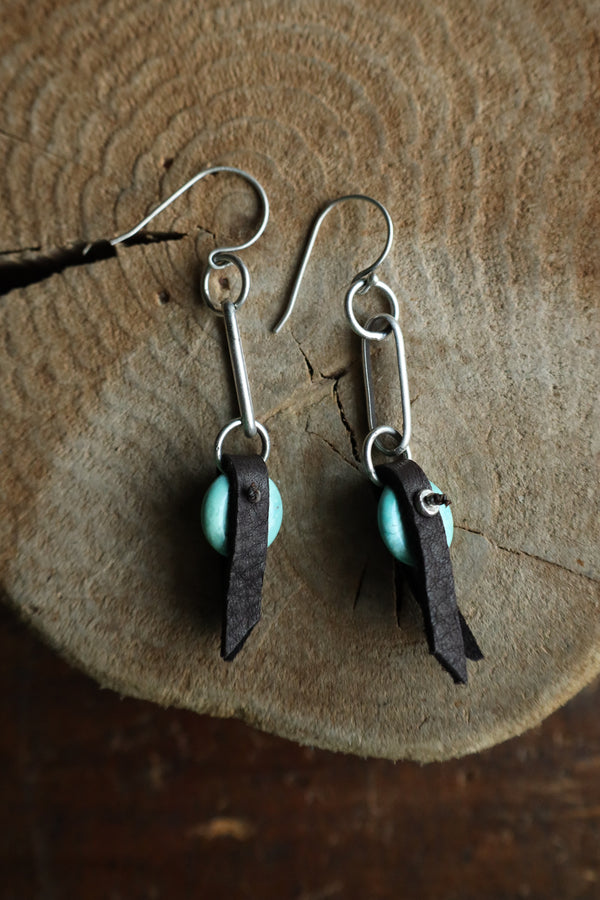 Peyote Bird Turquoise Disk Leather & Links Earring